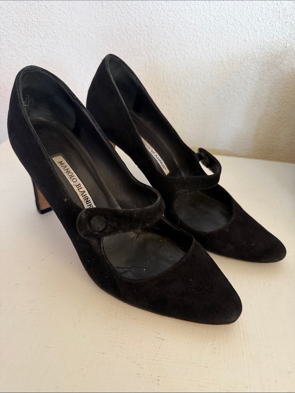 Manolo Blahnik Black Suede Mary Jane Pumps with Button Strap
